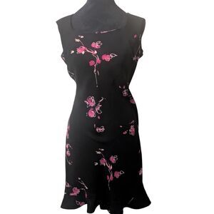 Vintage Whimsigoth Black Pink Floral Midi Dress 10P Boho 90s